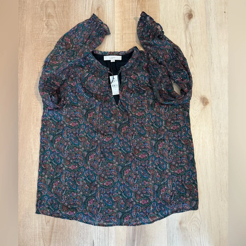 LOFT Women's Multicolor Shimmer Paisley Smocked Ruffle Tie Neck Blouse Sz M - Picture 5 of 13